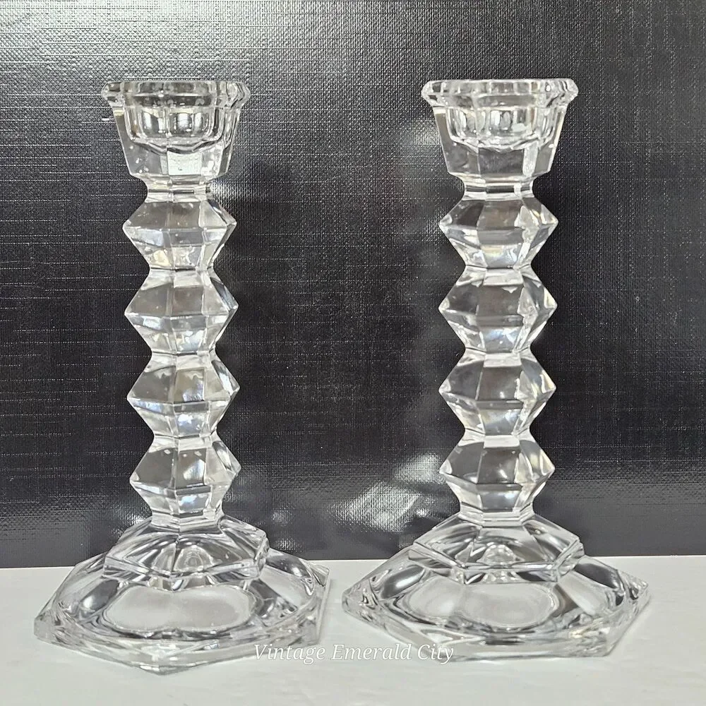 Vtg MIKASA Crystal Clear JewelStone Pattern Candlestick Candle Holder Set of 2